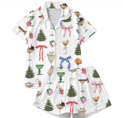 Christmas Cocktail Pajamas Set for Women, Satin Short Sleeve PJs, Silky Espresso Martini Pajamas,Festive Xmas Sleepwear,Martini Gift for Her