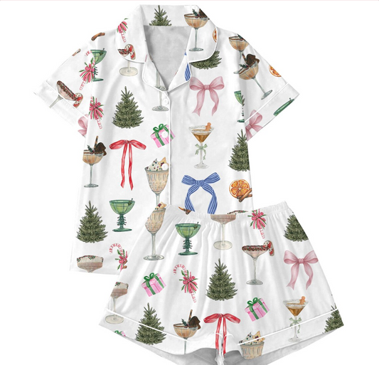 Christmas Cocktail Pajamas Set for Women, Satin Short Sleeve PJs, Silky Espresso Martini Pajamas,Festive Xmas Sleepwear,Martini Gift for Her