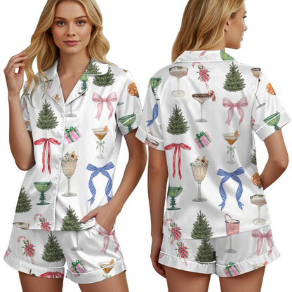 Christmas Cocktail Pajamas Set for Women, Satin Short Sleeve PJs, Silky Espresso Martini Pajamas,Festive Xmas Sleepwear,Martini Gift for Her