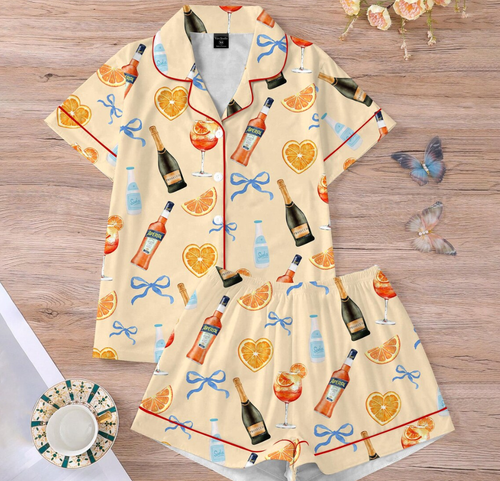 Aperol Spritz Watercolor Pajama Set, Fun Cocktail Print Sleepwear, Watercolor Drink Lover PJs, Cute Cocktail Party Pajamas for Family
