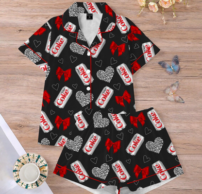 Diet Coke Coquette Satin Pajama Set for Women, Soft Girl Loungewear with Red Bows, Vintage Soda Print Sleepwear for Cozy Nights