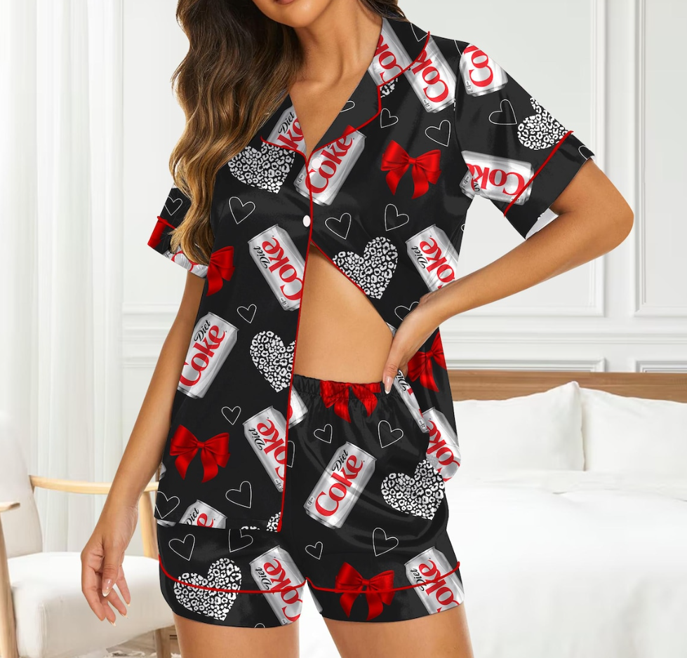 Diet Coke Coquette Satin Pajama Set for Women, Soft Girl Loungewear with Red Bows, Vintage Soda Print Sleepwear for Cozy Nights