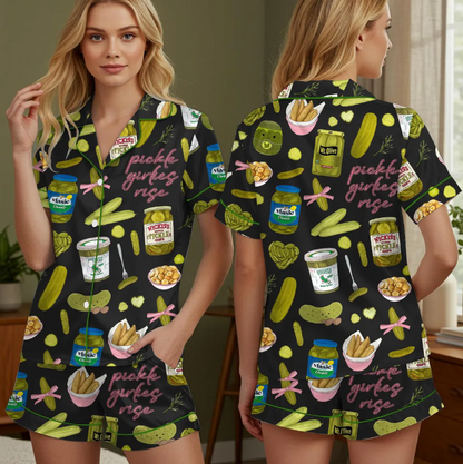 Coquette Pickle Girl Silky Satin Pajama Set For Women, Pickle Pajamas Set, Funny Pickle Lover PJs, Cute Cucumber Sleepwear for Women