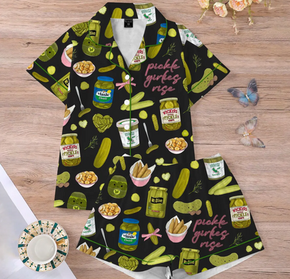Coquette Pickle Girl Silky Satin Pajama Set For Women, Pickle Pajamas Set, Funny Pickle Lover PJs, Cute Cucumber Sleepwear for Women