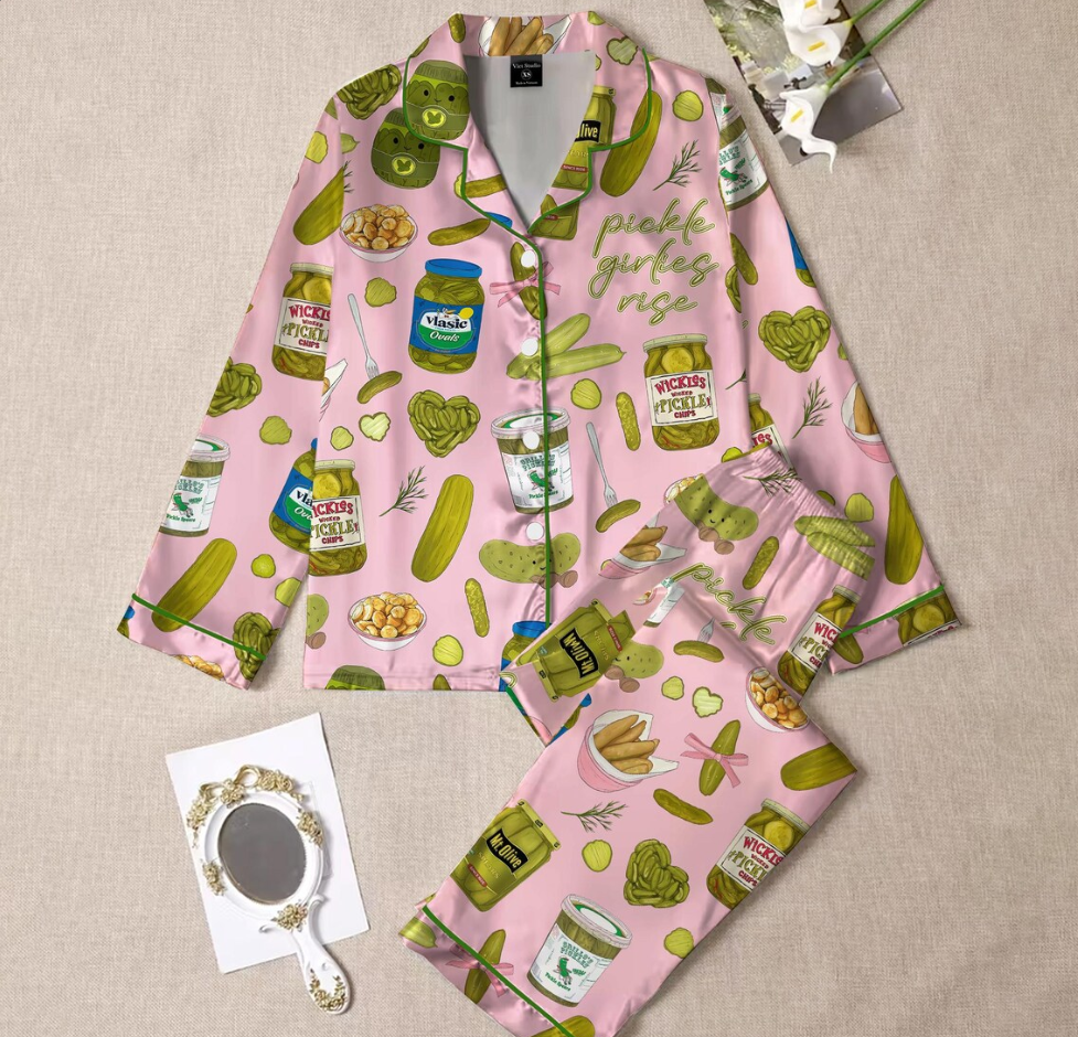 Coquette Pickle Girl Silky Satin Pajama Set For Women, Pickle Pajamas Set, Funny Pickle Lover PJs, Cute Cucumber Sleepwear for Women