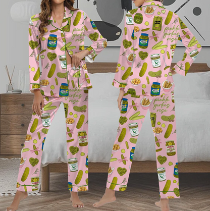 Coquette Pickle Girl Silky Satin Pajama Set For Women, Pickle Pajamas Set, Funny Pickle Lover PJs, Cute Cucumber Sleepwear for Women