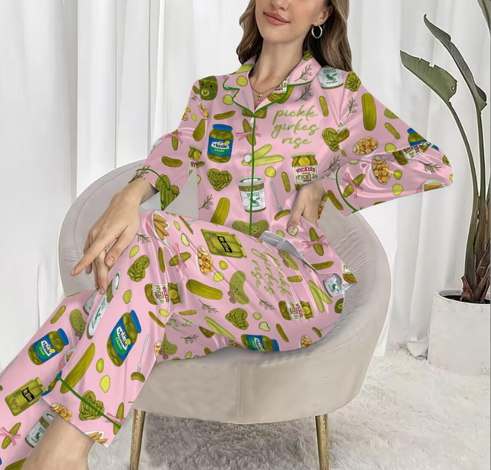 Coquette Pickle Girl Silky Satin Pajama Set For Women, Pickle Pajamas Set, Funny Pickle Lover PJs, Cute Cucumber Sleepwear for Women