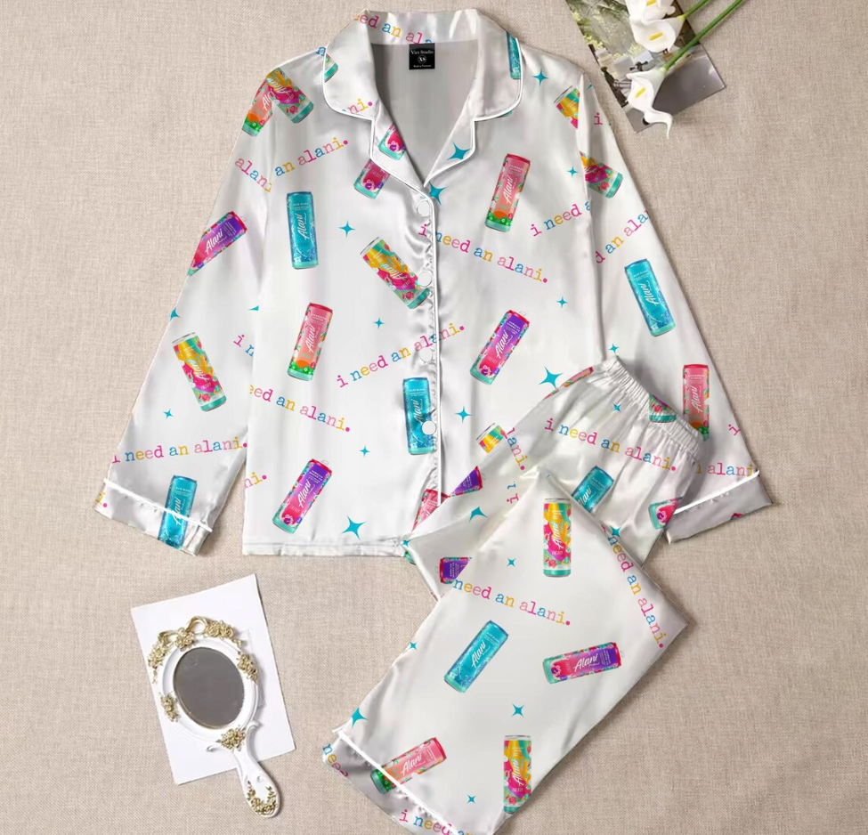 Alani Energy Drink Satin Pajamas, Funny Alani Satin Pajama Set, Alani Energy Drink Lover Pjset, Alani Sleepwear, Alani Lover Gift For Her