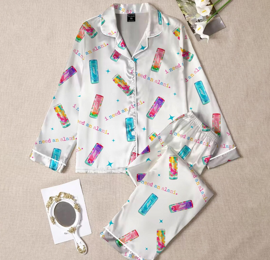 Alani Energy Drink Satin Pajamas, Funny Alani Satin Pajama Set, Alani Energy Drink Lover Pjset, Alani Sleepwear, Alani Lover Gift For Her