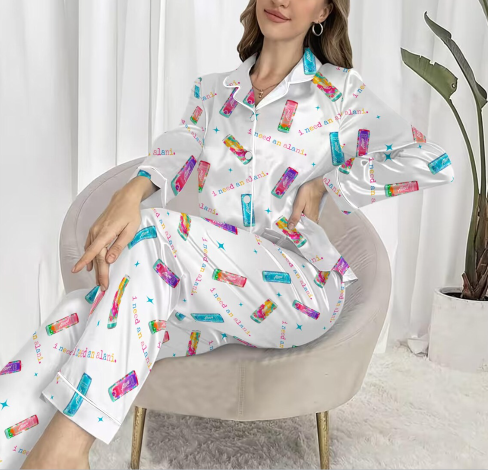 Alani Energy Drink Satin Pajamas, Funny Alani Satin Pajama Set, Alani Energy Drink Lover Pjset, Alani Sleepwear, Alani Lover Gift For Her