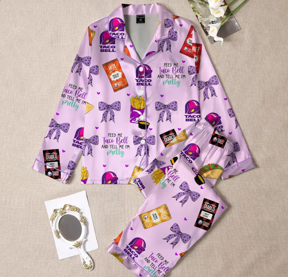 Taco Bell Short Satin Pajamas, Fast Food Sleepwear Set for Women, Silky Lounge Outfit, Food Pajama Shorts, Taco Bell Fan Gifts