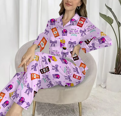 Taco Bell Short Satin Pajamas, Fast Food Sleepwear Set for Women, Silky Lounge Outfit, Food Pajama Shorts, Taco Bell Fan Gifts