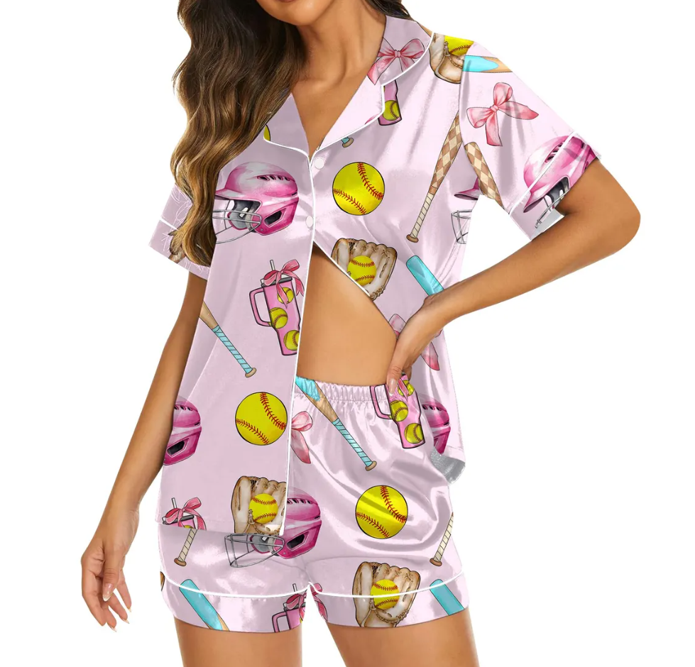 Baseball Coquette Satin Pajama Set, Game Day Baseball Sleepwear, Cute Loungewear for Women, Mother’s Day Gift, Bridesmaid Gift for Her