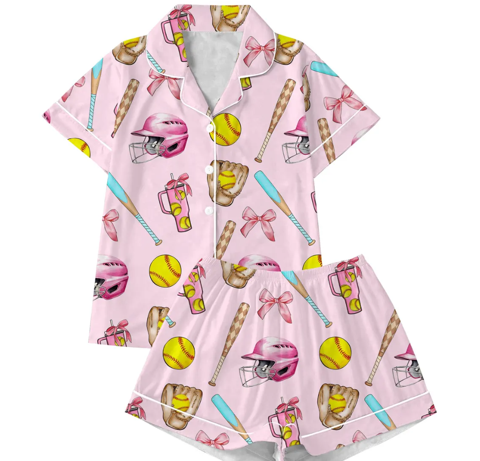 Baseball Coquette Satin Pajama Set, Game Day Baseball Sleepwear, Cute Loungewear for Women, Mother’s Day Gift, Bridesmaid Gift for Her