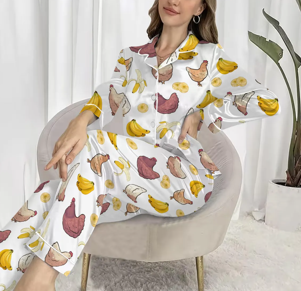 Chicken Banana Pajamas Set for Women, Funny Viral Meme PJs, Chicken Banana Banana Print Sleepwear, Trendy Humor Pajamas, Unisex Gift