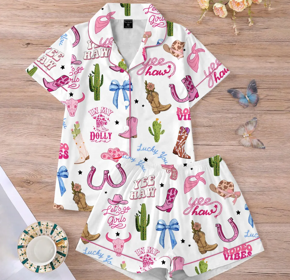 Pink Cowgirl Boots and Hat Pajamas Set, Western Country Cowgirl Sleepwear, Cute Boots and Hats PJs, Cozy Lounge Set, Trendy Gift for Her