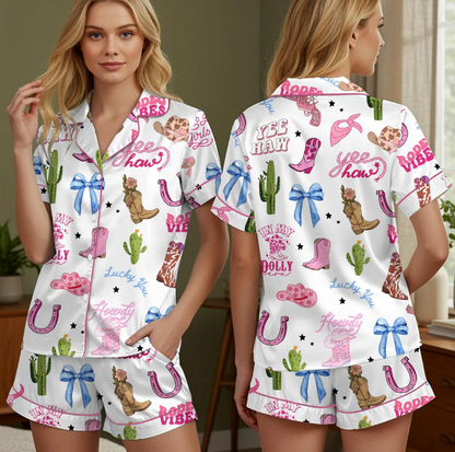 Pink Cowgirl Boots and Hat Pajamas Set, Western Country Cowgirl Sleepwear, Cute Boots and Hats PJs, Cozy Lounge Set, Trendy Gift for Her