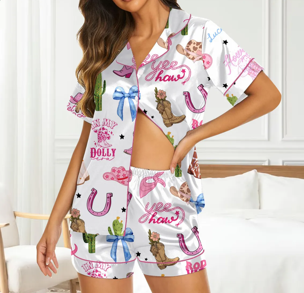 Pink Cowgirl Boots and Hat Pajamas Set, Western Country Cowgirl Sleepwear, Cute Boots and Hats PJs, Cozy Lounge Set, Trendy Gift for Her