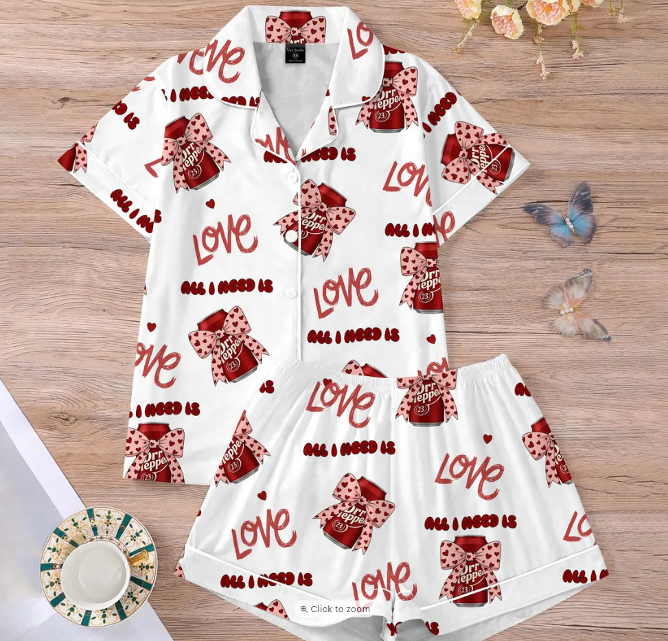 Cute Dr Pepper Pink Coquette Bow Pajamas Set for Women, Two Sided PJs, Dr Pepper Lover Sleepwear, Est 1885 Inspired Pink Bow Loungewear Gift
