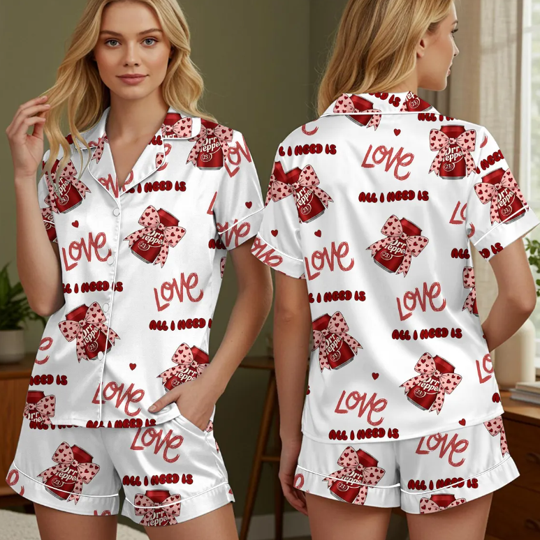 Cute Dr Pepper Pink Coquette Bow Pajamas Set for Women, Two Sided PJs, Dr Pepper Lover Sleepwear, Est 1885 Inspired Pink Bow Loungewear Gift