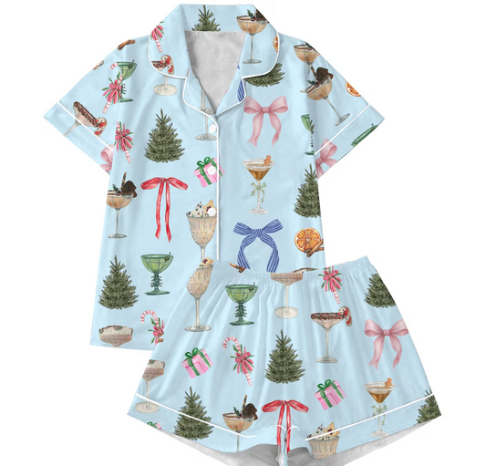 Christmas Cocktail Pajamas Set for Women, Satin Short Sleeve PJs, Silky Espresso Martini Pajamas,Festive Xmas Sleepwear,Martini Gift for Her