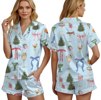 Christmas Cocktail Pajamas Set for Women, Satin Short Sleeve PJs, Silky Espresso Martini Pajamas,Festive Xmas Sleepwear,Martini Gift for Her