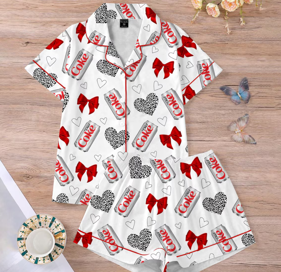 Diet Coke Coquette Satin Pajama Set for Women, Soft Girl Loungewear with Red Bows, Vintage Soda Print Sleepwear for Cozy Nights