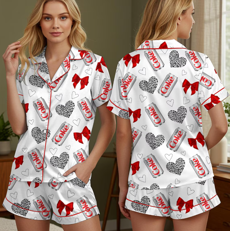 Diet Coke Coquette Satin Pajama Set for Women, Soft Girl Loungewear with Red Bows, Vintage Soda Print Sleepwear for Cozy Nights