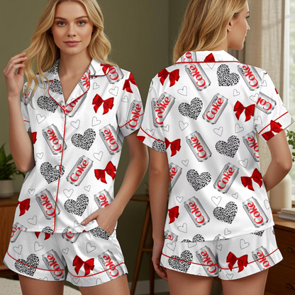 Diet Coke Coquette Satin Pajama Set for Women, Soft Girl Loungewear with Red Bows, Vintage Soda Print Sleepwear for Cozy Nights