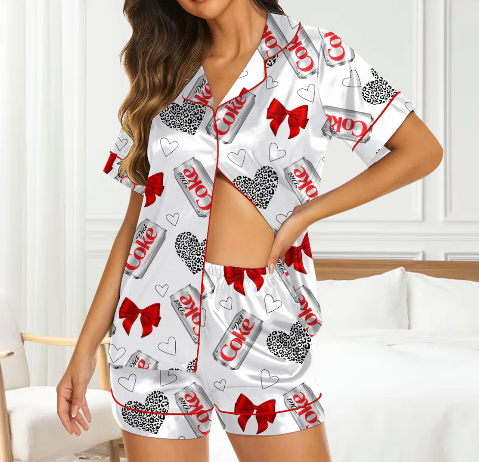Diet Coke Coquette Satin Pajama Set for Women, Soft Girl Loungewear with Red Bows, Vintage Soda Print Sleepwear for Cozy Nights