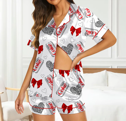 Diet Coke Coquette Satin Pajama Set for Women, Soft Girl Loungewear with Red Bows, Vintage Soda Print Sleepwear for Cozy Nights
