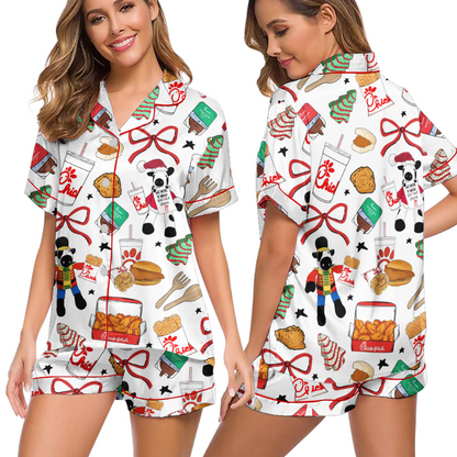 Christmas Chicken Nugget Silk Pajama Set, Food Print PJs with Chicken, Fries and Sauces, Cute Cozy Sleepwear Holiday Gift for Her, Chicken