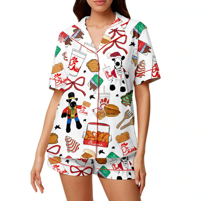 Christmas Chicken Nugget Silk Pajama Set, Food Print PJs with Chicken, Fries and Sauces, Cute Cozy Sleepwear Holiday Gift for Her, Chicken