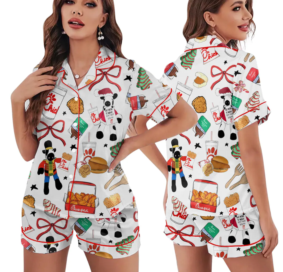 Christmas Chicken Nugget Silk Pajama Set, Food Print PJs with Chicken, Fries and Sauces, Cute Cozy Sleepwear Holiday Gift for Her, Chicken