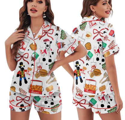 Christmas Chicken Nugget Silk Pajama Set, Food Print PJs with Chicken, Fries and Sauces, Cute Cozy Sleepwear Holiday Gift for Her, Chicken