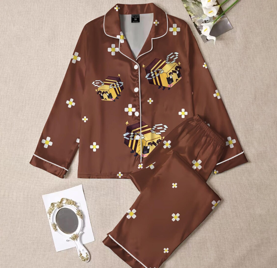 Bee pajama set for women, Brown long sleeve top and pants, Cute kawaii sleepwear, Soft cozy loungewear, Adorable gift idea, Perfect for her