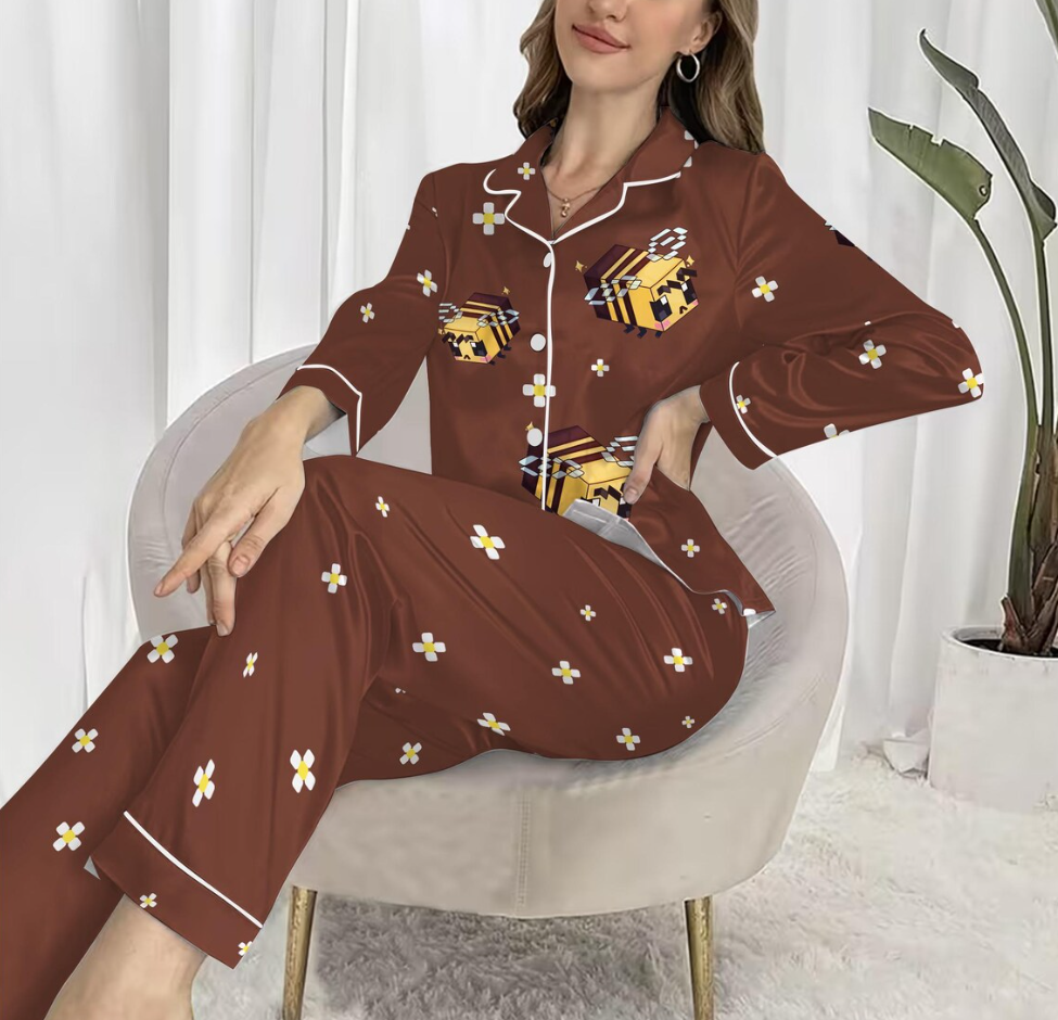 Bee pajama set for women, Brown long sleeve top and pants, Cute kawaii sleepwear, Soft cozy loungewear, Adorable gift idea, Perfect for her