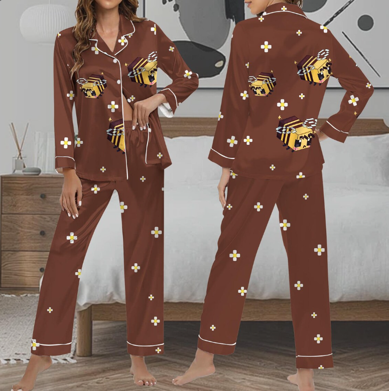 Bee pajama set for women, Brown long sleeve top and pants, Cute kawaii sleepwear, Soft cozy loungewear, Adorable gift idea, Perfect for her
