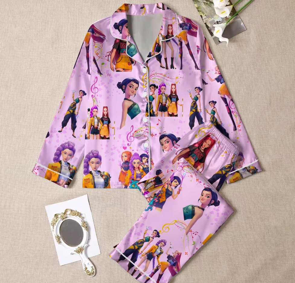 Huntrix Demon Hunters Silky Satin Pajama Set for Women and Kids, K-Pop Idol Inspired PJs, Girl Group Anime Sleepwear, Cozy Fan Gift Outfit