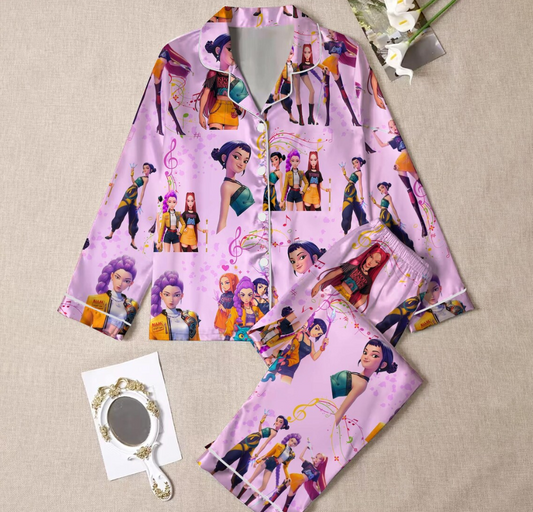 Huntrix Demon Hunters Silky Satin Pajama Set for Women and Kids, K-Pop Idol Inspired PJs, Girl Group Anime Sleepwear, Cozy Fan Gift Outfit