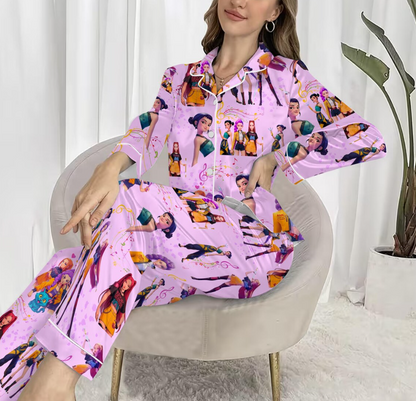 Huntrix Demon Hunters Silky Satin Pajama Set for Women and Kids, K-Pop Idol Inspired PJs, Girl Group Anime Sleepwear, Cozy Fan Gift Outfit