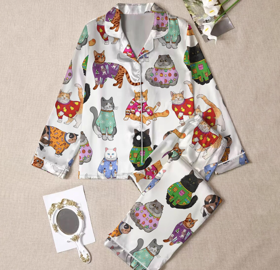 Christmas Cat Pajamas Set for Women, Cat Owner Christmas Gift, Cat Christmas PJS, Christmas PJS, Holiday Pajamas, Christmas Pajamas,Cat Gift