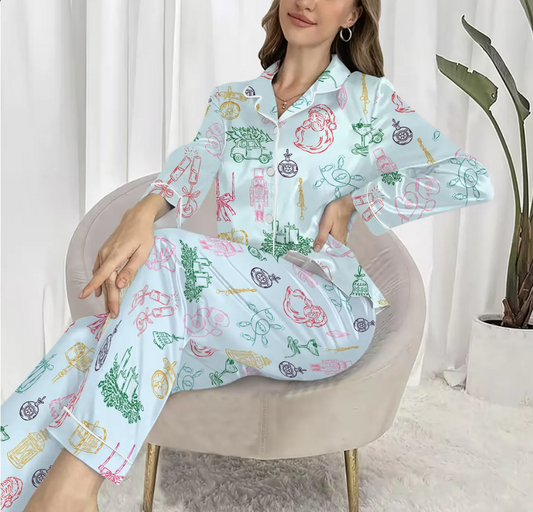 Women’s Christmas Pajama Set with Santa, Nutcracker and Holiday Icons – Winter Button Down Sleepwear Top and Cozy Festive Lounge Pants Now!
