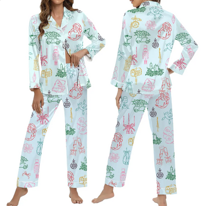 Women’s Christmas Pajama Set with Santa, Nutcracker and Holiday Icons – Winter Button Down Sleepwear Top and Cozy Festive Lounge Pants Now!