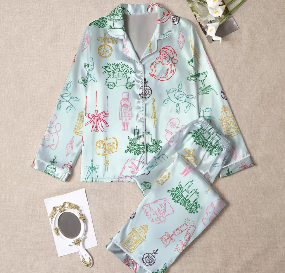 Women’s Christmas Pajama Set with Santa, Nutcracker and Holiday Icons – Winter Button Down Sleepwear Top and Cozy Festive Lounge Pants Now!