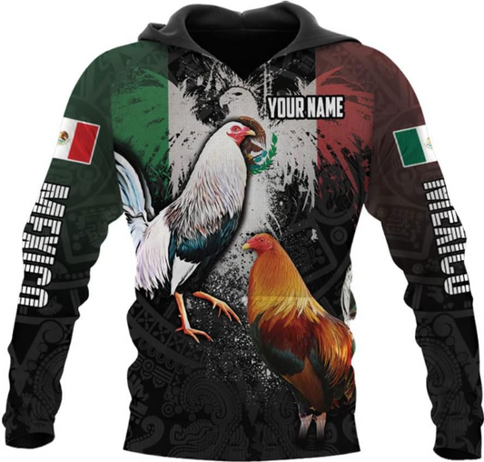 Personalized Name Rooster Mexican Hoodie 3D, Customized Mexican Hoodies for Men, Unisex Mexico Hoodie 3D, Mexico Hoodies for Men, Mexico Flag Gift, T Shirt, Zip Up Hoodie, Sweatshirt HD09