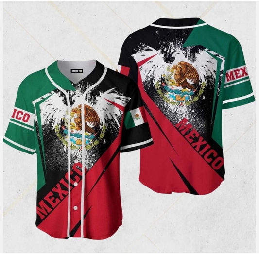 Mexico Flag Baseball Jersey: Mexican Eagle Crest - Cinco de Mayo Pride