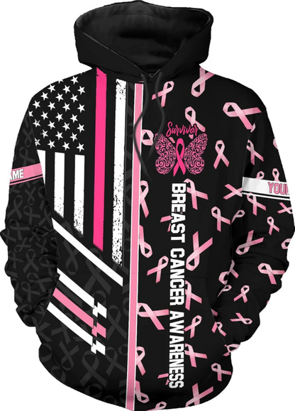 Personalized Breast Cancer Hoodie 3D, Pink Ribbon Awareness Sweatshirt, Survivor Pride Breast Cancer Zip Hoodie