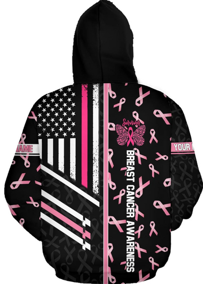 Personalized Breast Cancer Hoodie 3D, Pink Ribbon Awareness Sweatshirt, Survivor Pride Breast Cancer Zip Hoodie