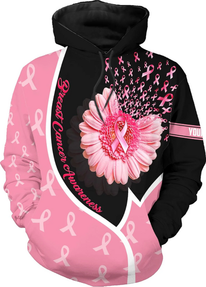 Personalized Breast Cancer Hoodie 3D, Pink Ribbon Awareness Sweatshirt, Survivor Pride Breast Cancer Zip Hoodie